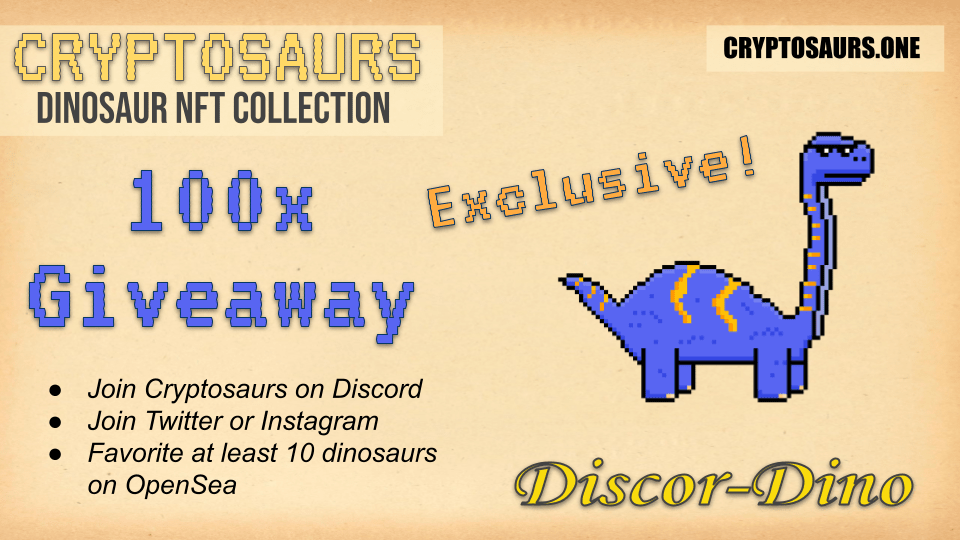Discord NFT giveaway poster showing Discor-Dino