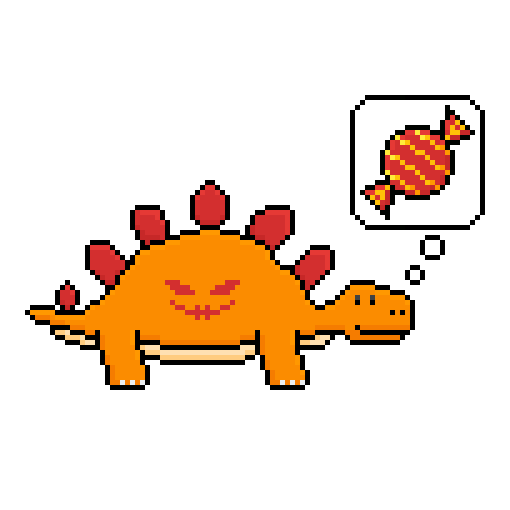 Orange stegosaurus thinking about candy