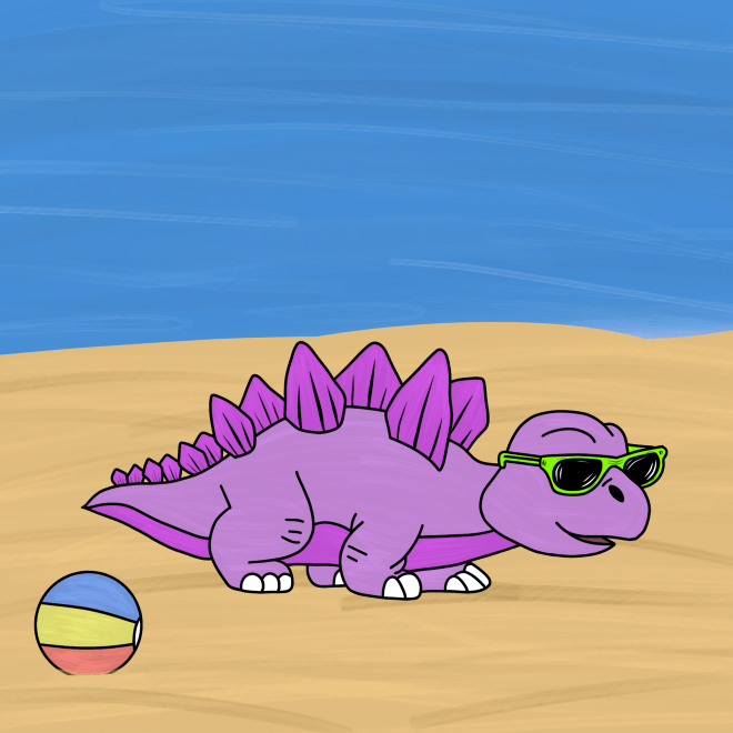 Baby stegosaurus NFT on the beach with a ball