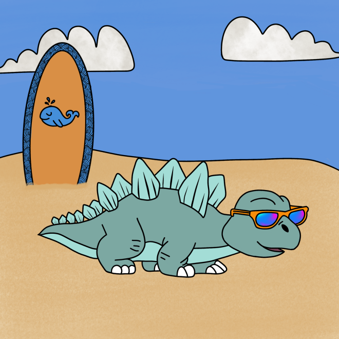 Dinosaur on the beach with a surf board
