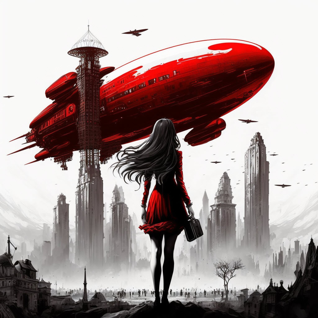 Woman in a red dress standing in front of a city with an airship