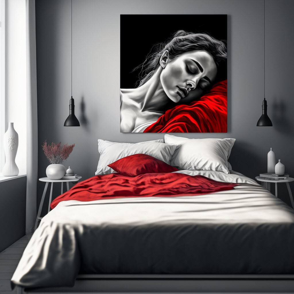 Bedroom with a painting above the bed, red color accents