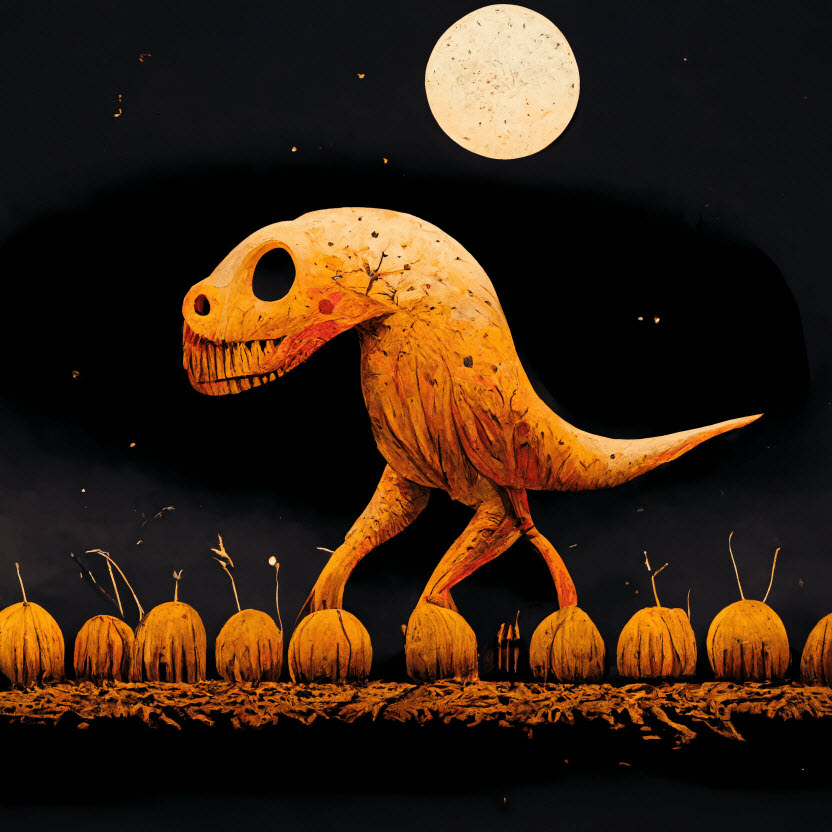 Dinosaur walking through pumpkin field