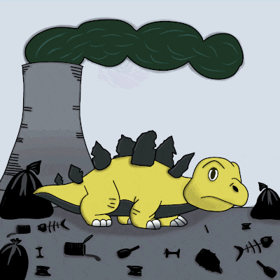 Sad dinosaur with industrial pollution turning into happy dinosaur with clean wind energy