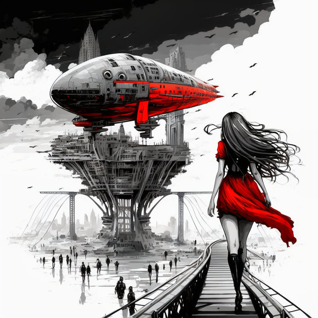 Woman in a red dress walking on a footbridge with an airship in the background