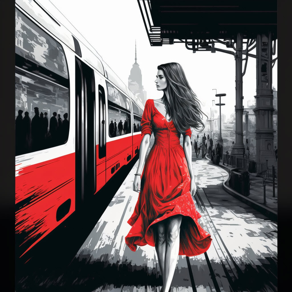 Woman in a red dress walking on the platform of the train station