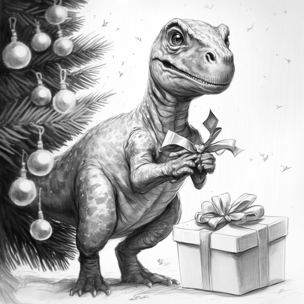 A dinosaur with a present standing in front of a Christmas tree NFTS
