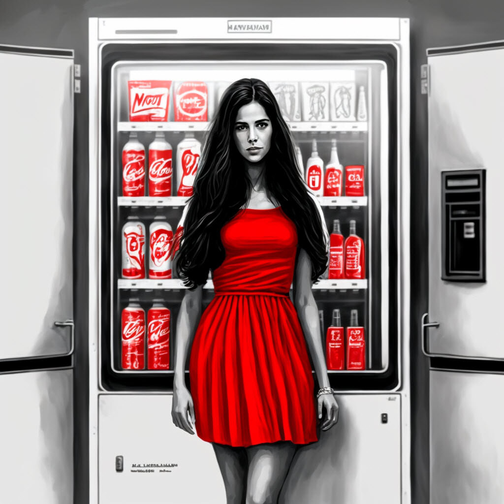 Woman in a red dress standing in front of a vending machine