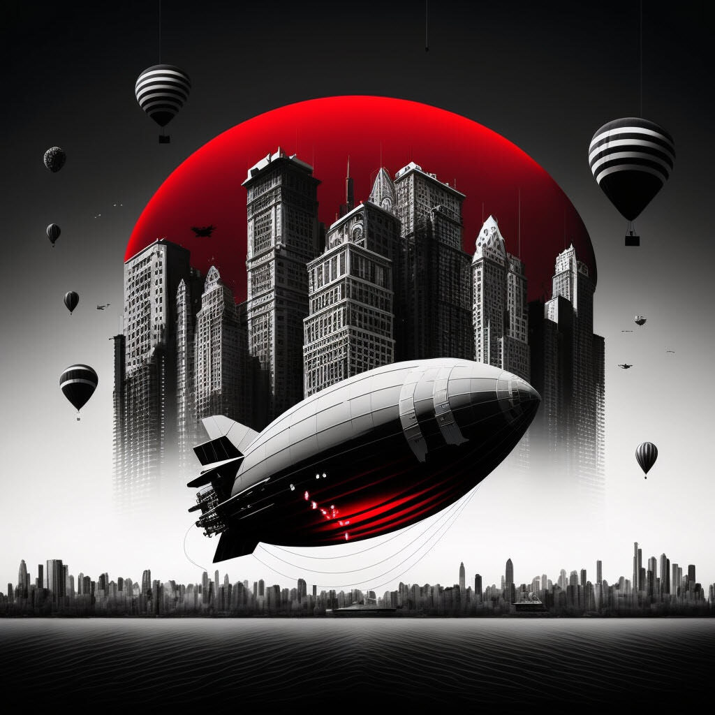 An airship flying in front of a cityscape