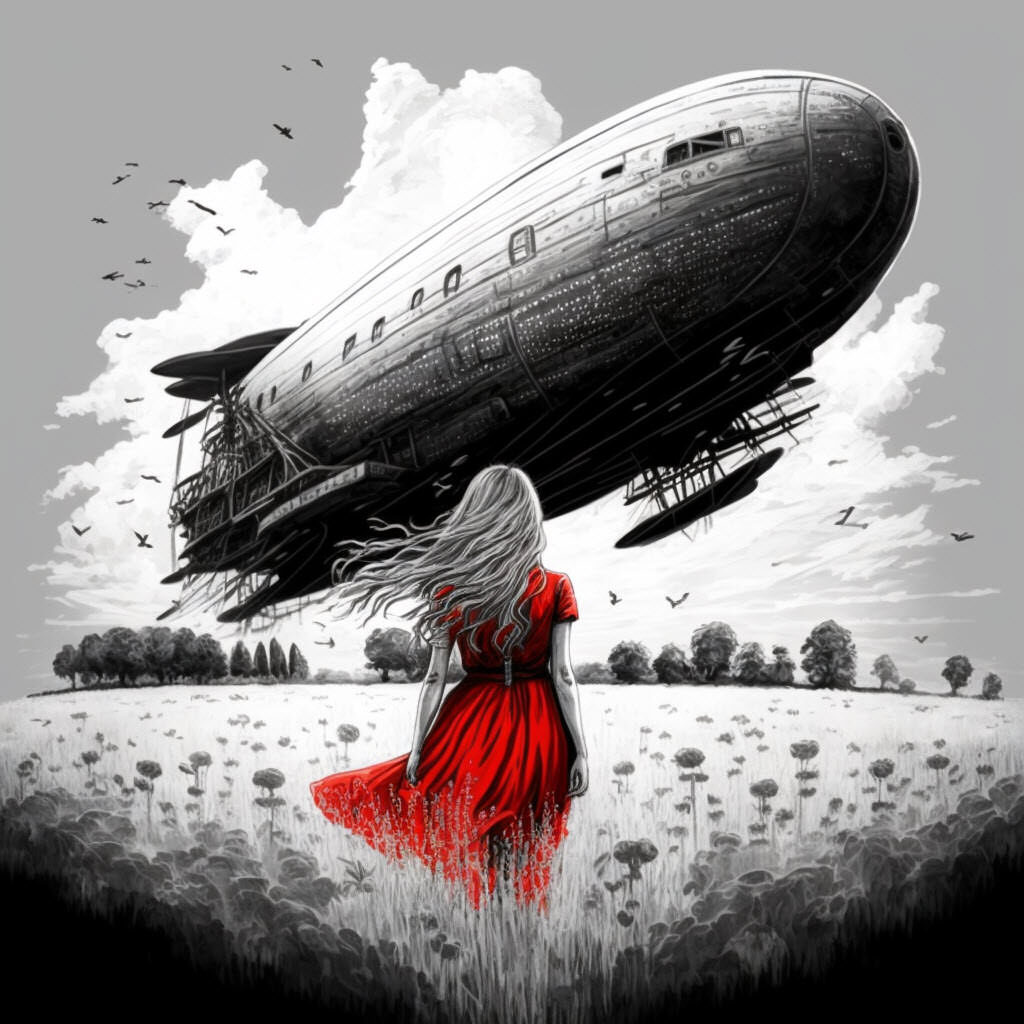 Woman in a red dress standing in a meadow. In the sky an airship is flying.