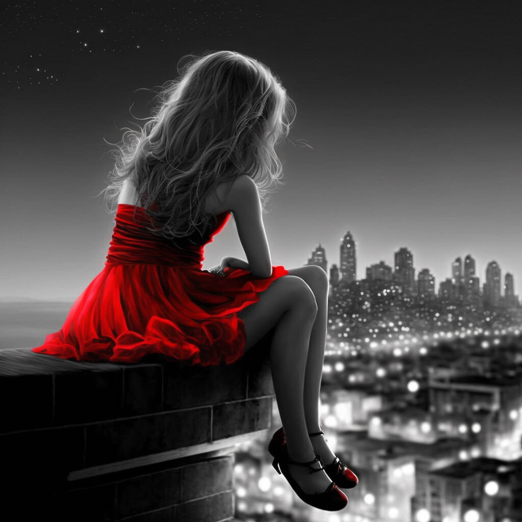 Woman in a red dress enjoying the view of a cityscape at night