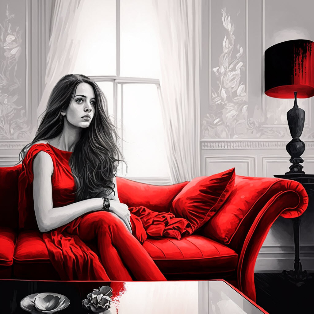 Woman in a red dress sitting in a sofa in a classic living room