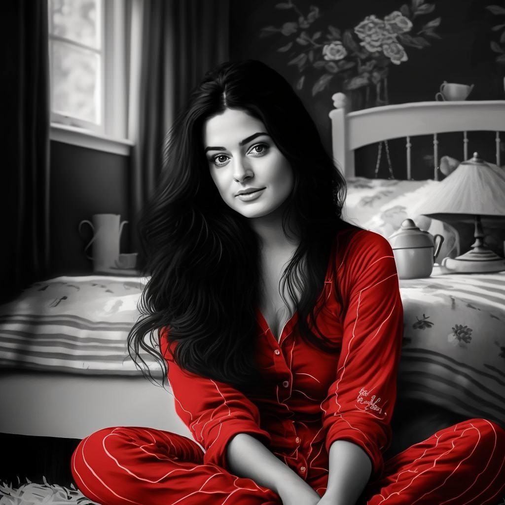 Woman in a red pyjama sitting in front of a bed
