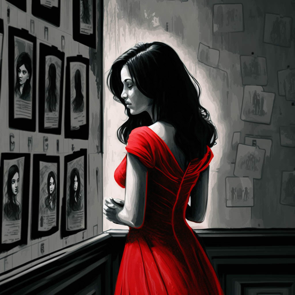 Woman in a red dress standing in front of a wall with photos