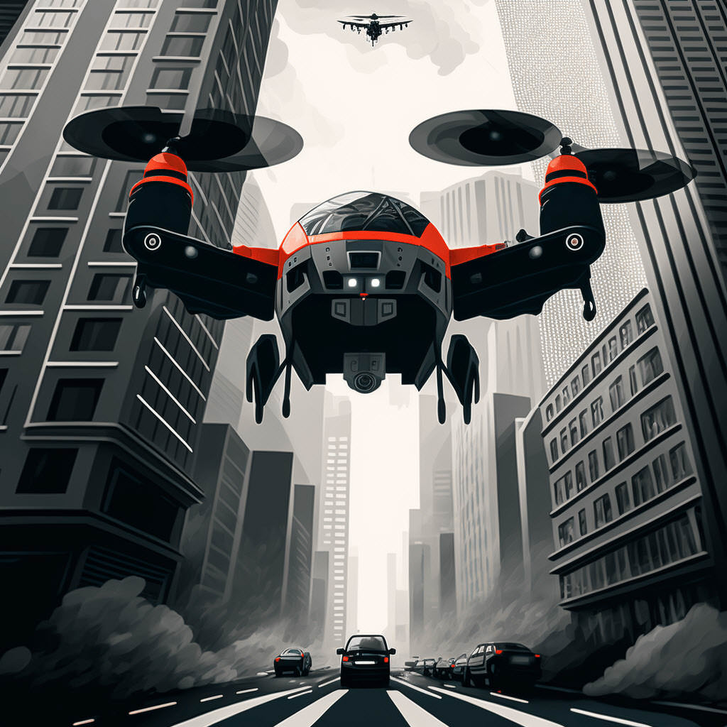 A delivery drone flying through a futuristic street